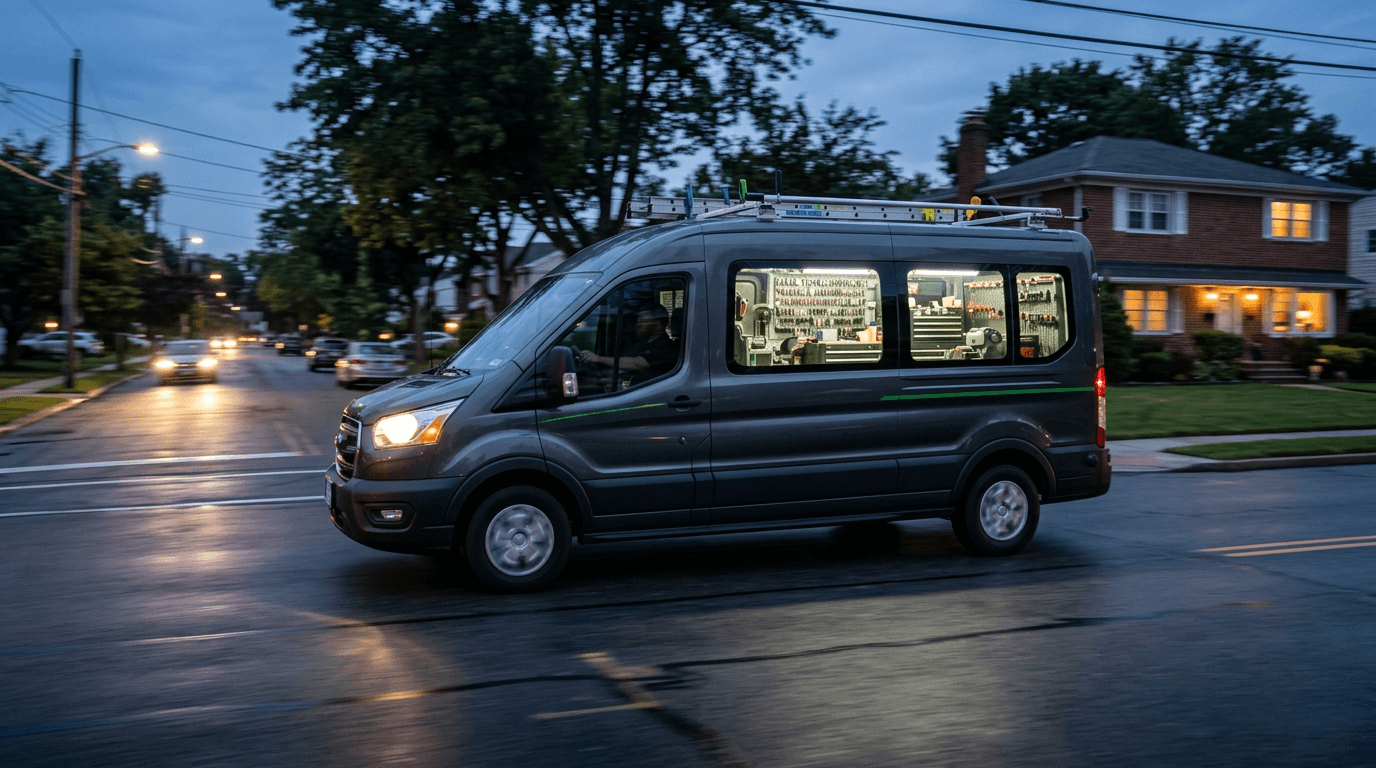 Mobile locksmith van en route for emergency response in Nassau County at dusk